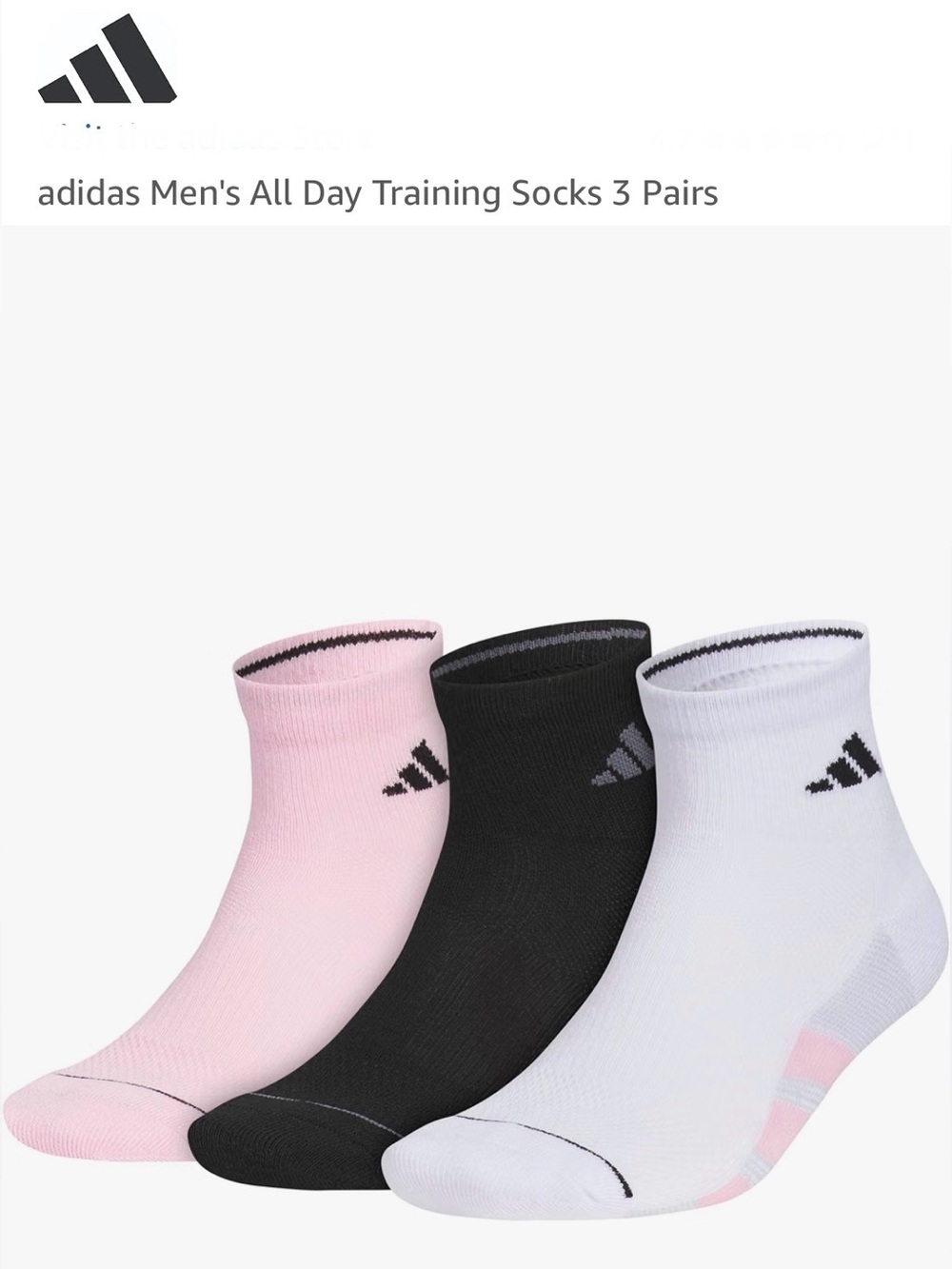 adidas 3-Pack Ankle Training Socks in Pink, Black & White